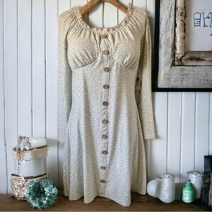 Light Green Floral Button-Front Peasant Dress